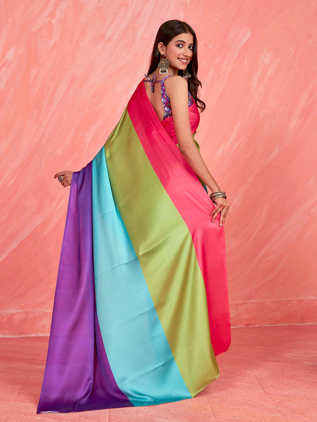 Sangria Colourblocked Satin Saree | Grocsy