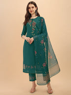 Embroidered Kurta With Pant & Dupatta Set, Multicolor - Hiral Fashion | Grocsy