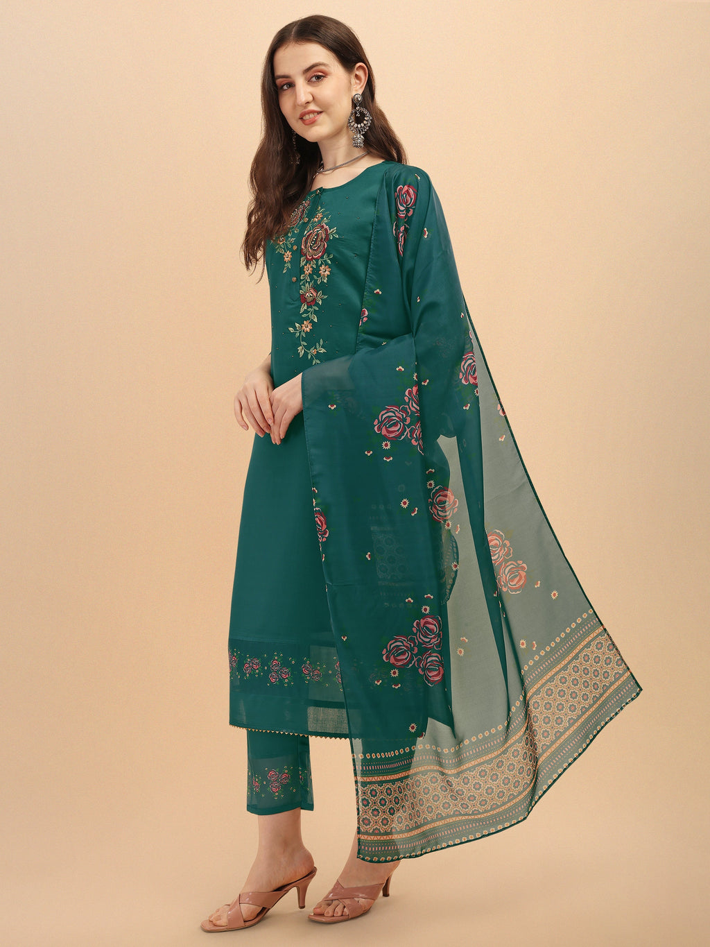 Embroidered Kurta With Pant & Dupatta Set, Multicolor - Hiral Fashion | Grocsy