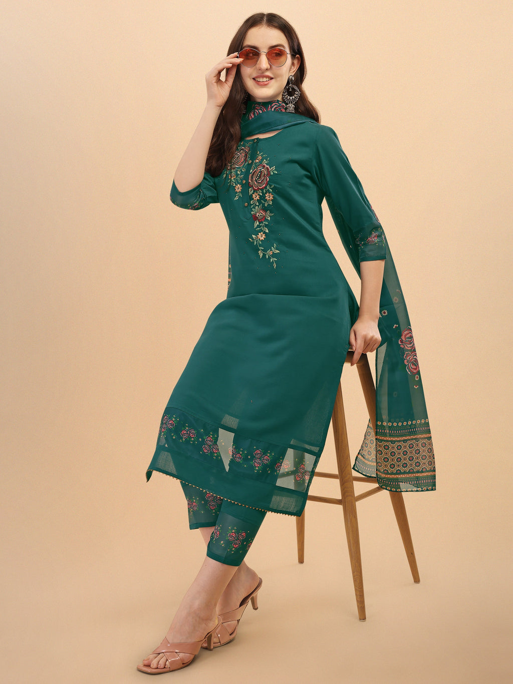 Embroidered Kurta With Pant & Dupatta Set, Multicolor - Hiral Fashion | Grocsy