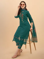 Embroidered Kurta With Pant & Dupatta Set, Multicolor - Hiral Fashion | Grocsy