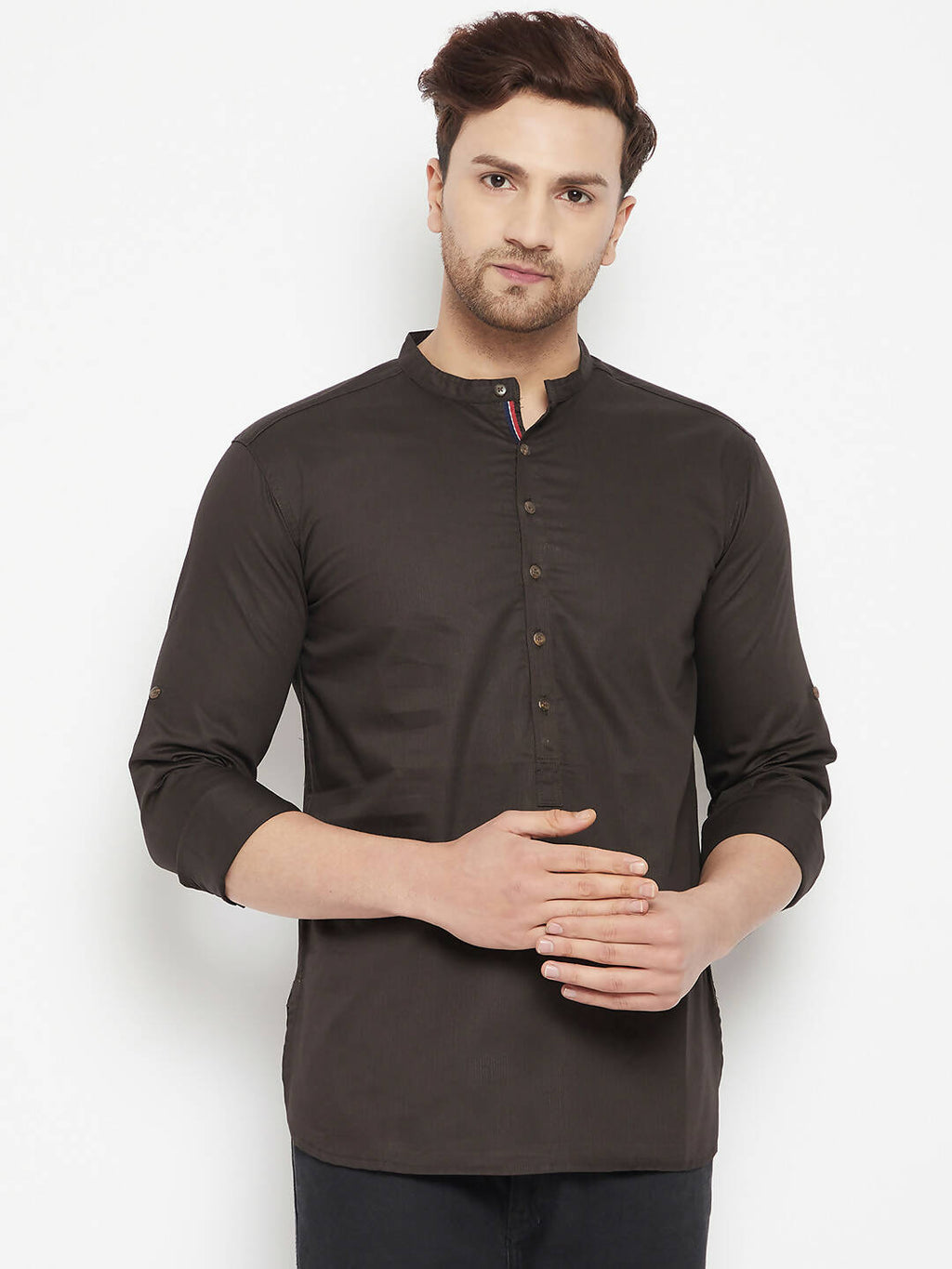Even Apparels Brown Pure Cotton short Men's Kurta With Band Collar | Grocsy