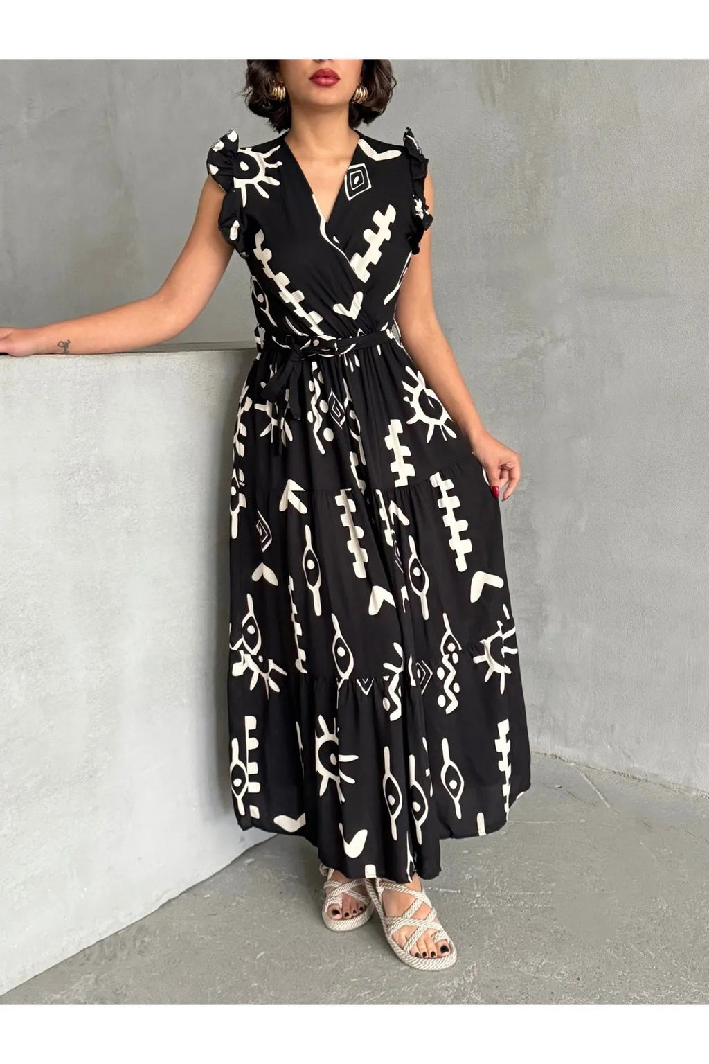 Pimu V-Neck Maxi Dress with Black Graphic Print | Grocsy