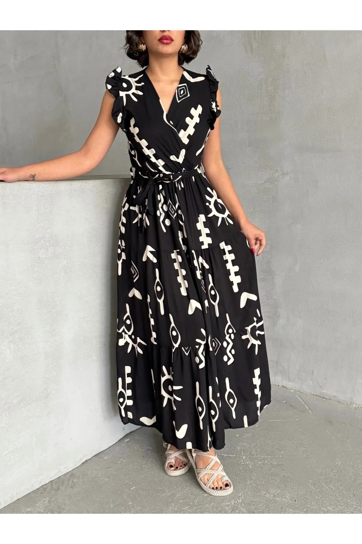 Pimu V-Neck Maxi Dress with Black Graphic Print | Grocsy