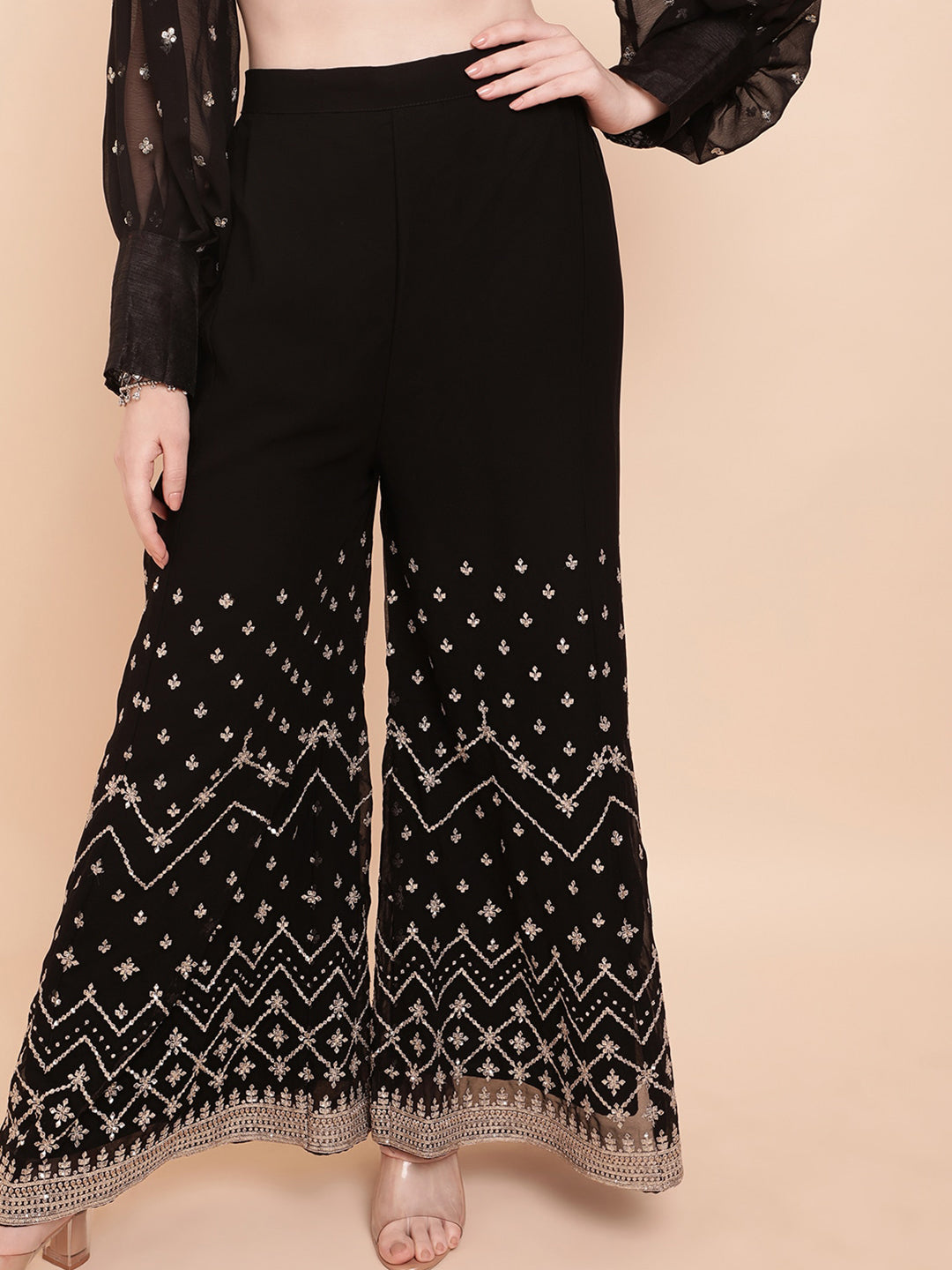 Sangria Black & White Embellished Sequinned Pure Georgette Palazzo Saree | Grocsy
