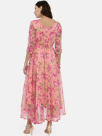 Souchii Women Pink & Yellow Floral Printed Fit & Flare Dress | Grocsy