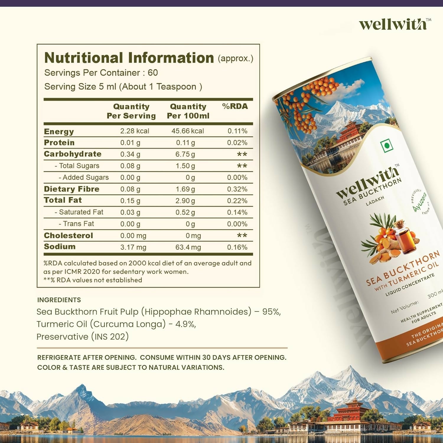 Wellwith Sea Buckthorn with Turmeric Curcumin Oil Juice | Grocsy