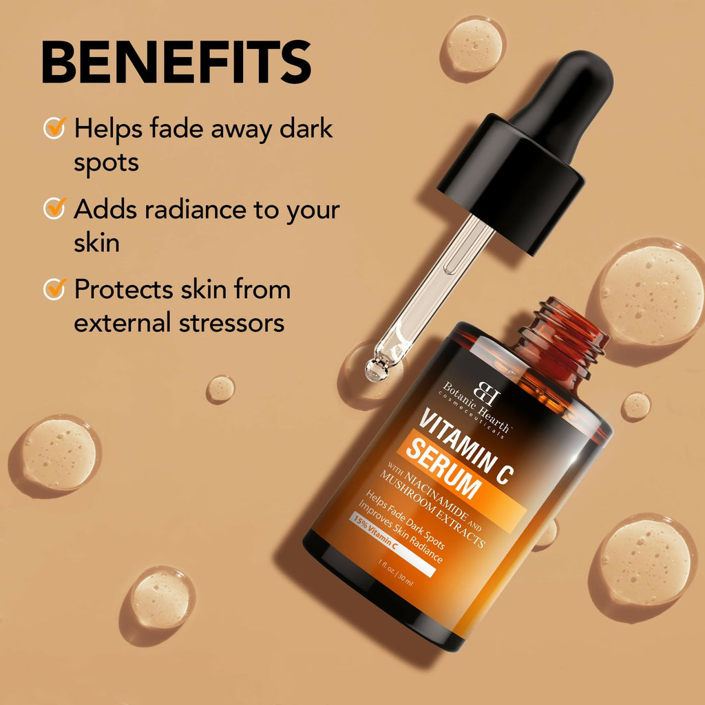 Botanic Hearth 15% Vitamin C Face Serum Targets Dark Spots, Sun Damage, Wrinkles to Brighten & Even Tone Skin | Grocsy