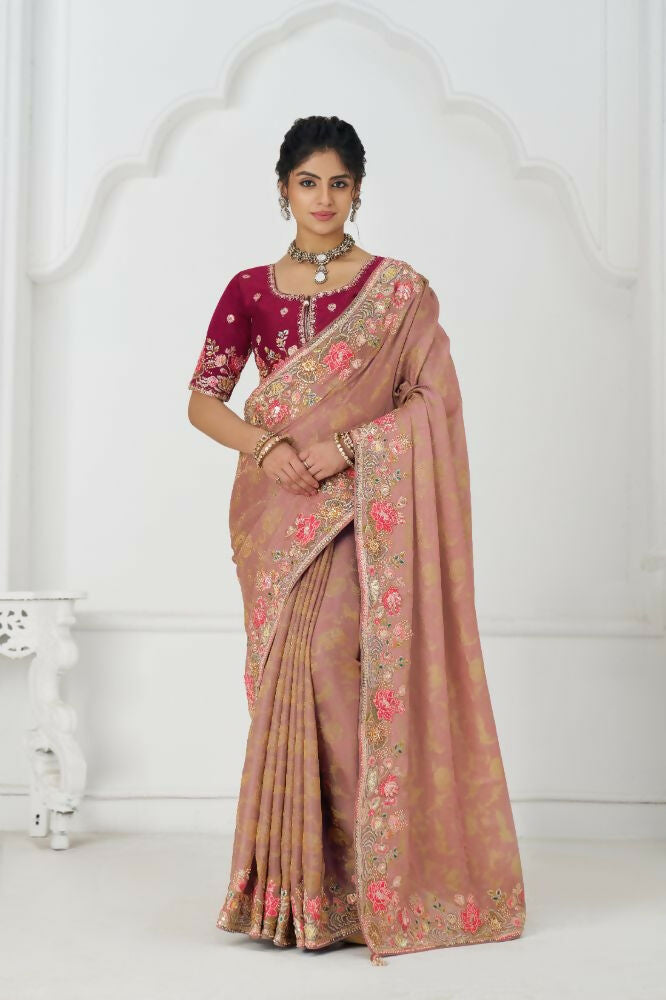 Kesar Fab Pretty Peach: Multicolor Embroidery With Blooming Floral Designs Saree | Grocsy