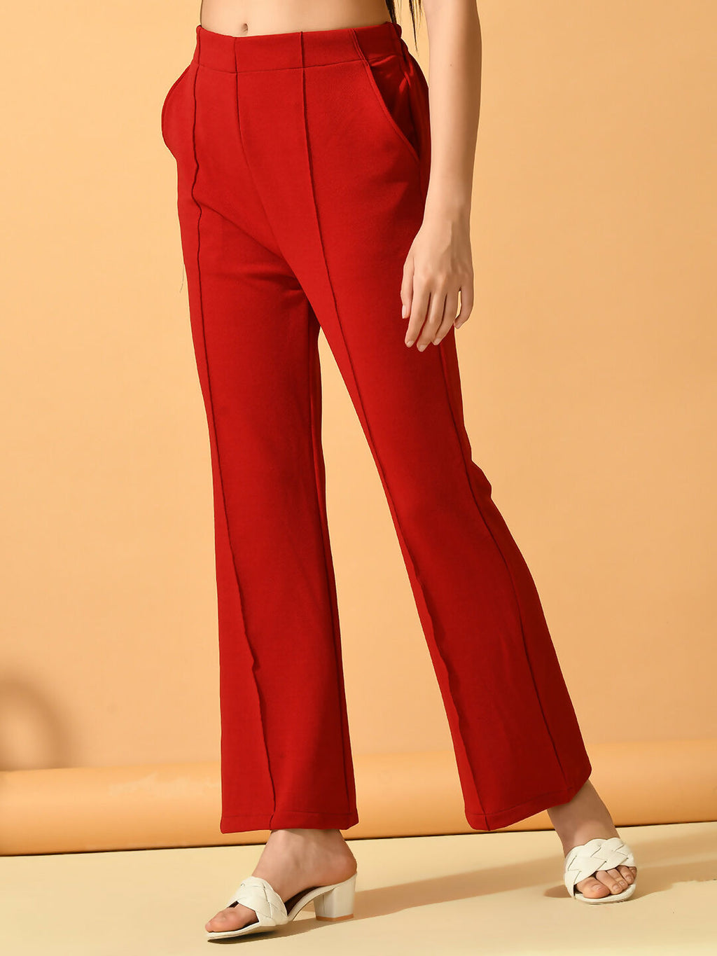 Myshka Women's Red Solid Coat With Trousers | Grocsy