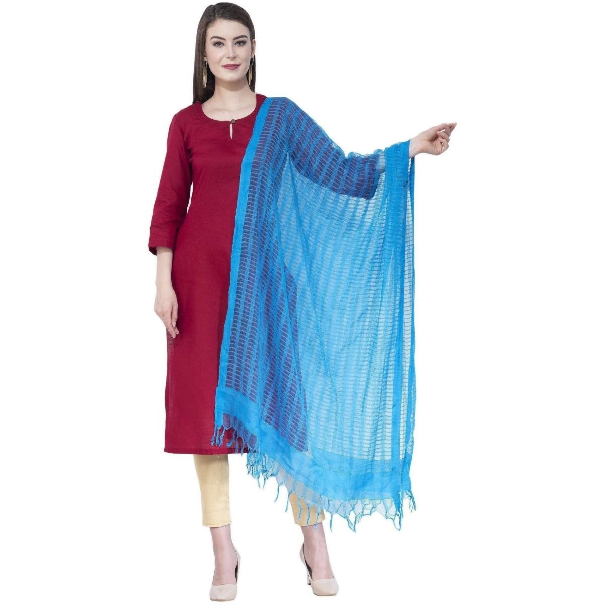 A R Silk Women's Self Check Cota Cotton Firozi Dupattas and Chunnis | Grocsy
