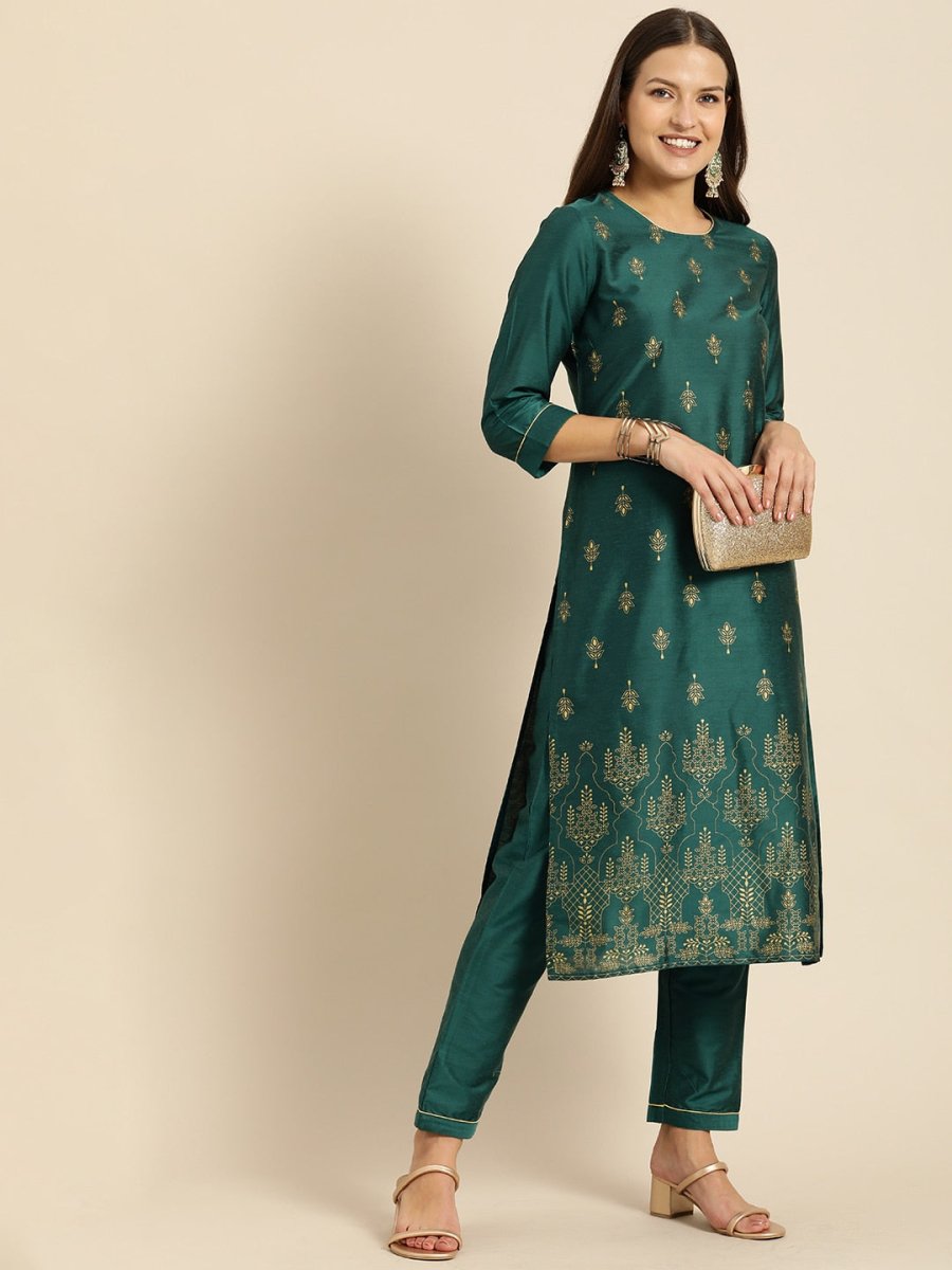 All About You Women Teal Green Ethnic Motifs Kurta with Trousers | Grocsy