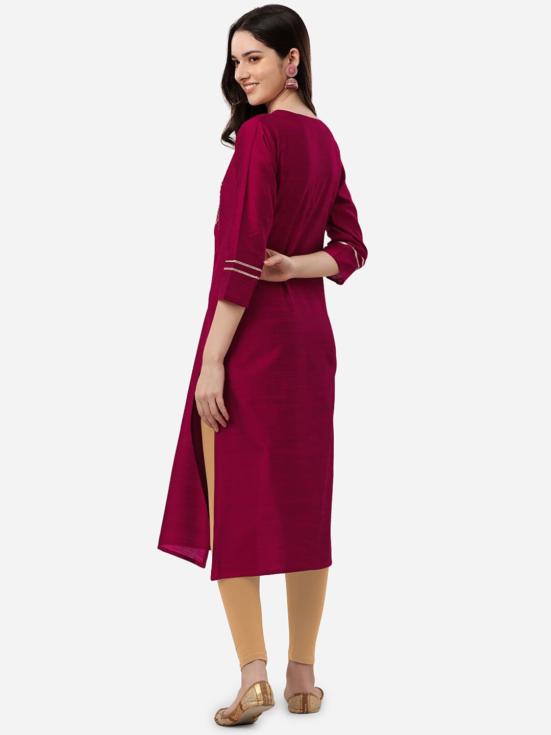 HERE&NOW Women Magenta & Golden Floral Embroidered Kurta | Grocsy