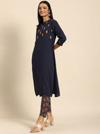 All About You Women Navy Blue Floral Embroidered Regular Thread Work Kurta with Trousers | Grocsy