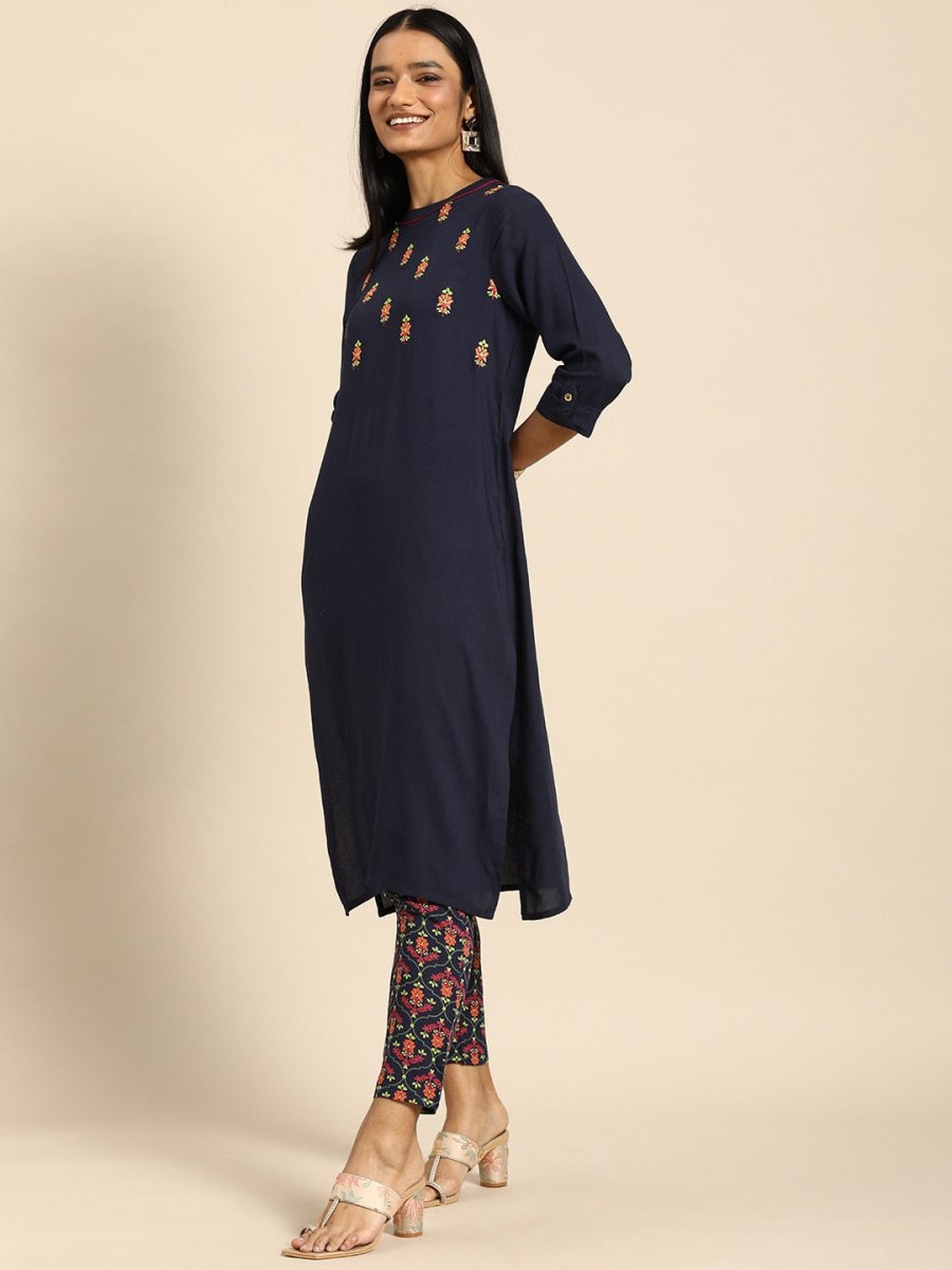 All About You Women Navy Blue Floral Embroidered Regular Thread Work Kurta with Trousers | Grocsy