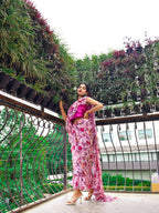 Tikhi Imli Pretty Pink Printed Poly Georgette Saree | Grocsy