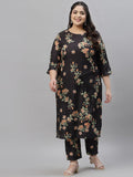 Sztori Plus Size Black Floral Printed Round Neck Straight Kurta with Trousers | Grocsy