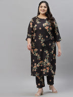 Sztori Plus Size Black Floral Printed Round Neck Straight Kurta with Trousers | Grocsy