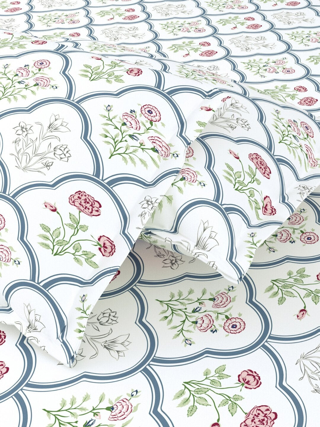 haus & kinder Blue & White Ethnic Motifs 186 TC King Bedsheet with 2 Pillow Covers | Grocsy