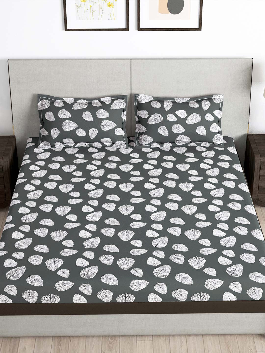 Story@home Arena Grey & White Floral Printed 180 TC Bedsheet & Pillow Covers | Grocsy
