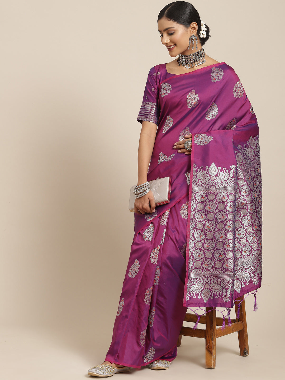 Saree Mall Magenta & Silver-Toned Floral Silk Blend Dharmavaram Saree | Grocsy