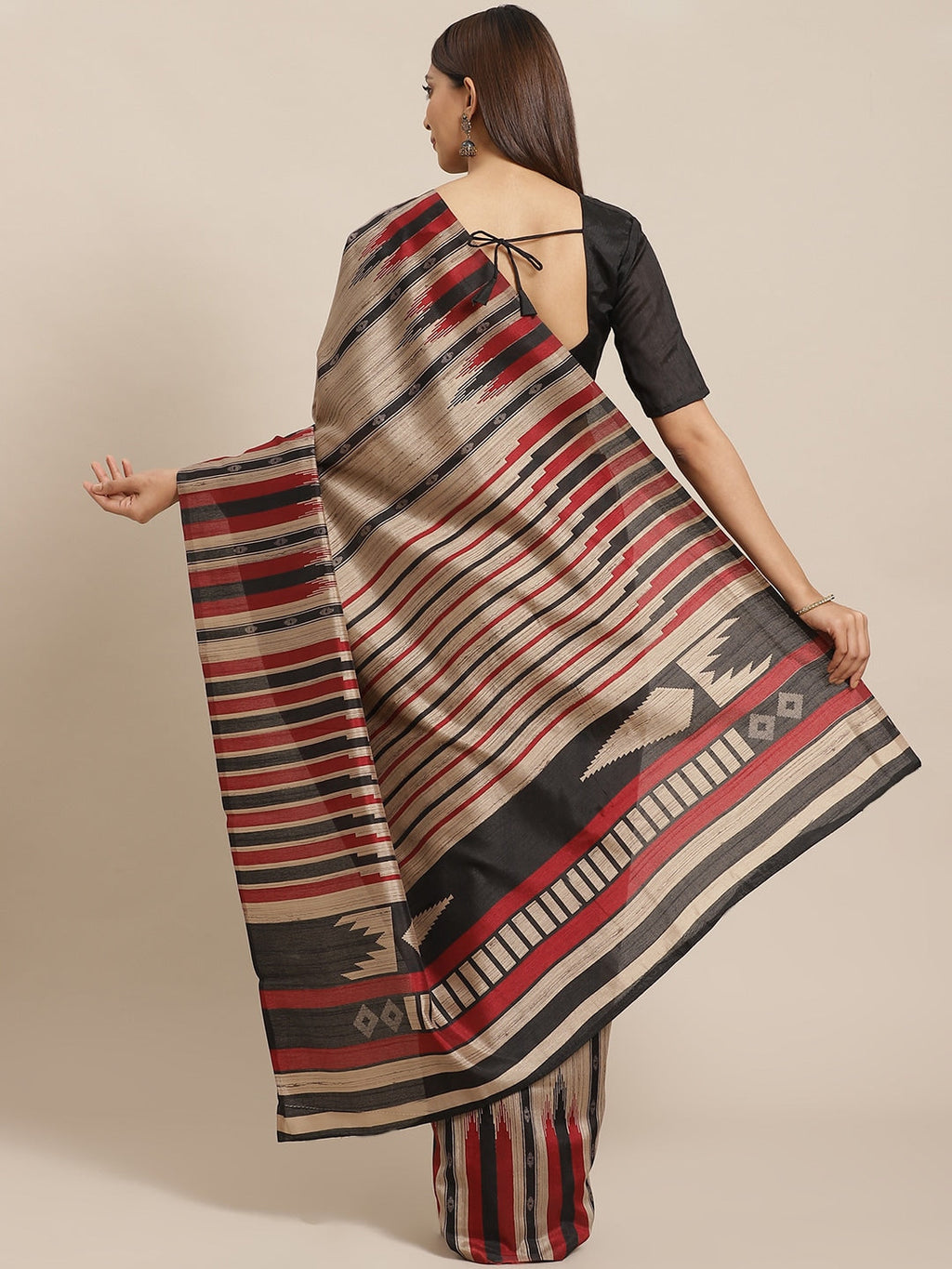 Saree Mall Beige & Black Striped Bhagalpuri Saree | Grocsy