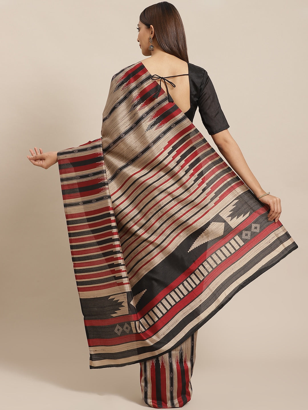 Saree Mall Beige & Black Striped Bhagalpuri Saree | Grocsy