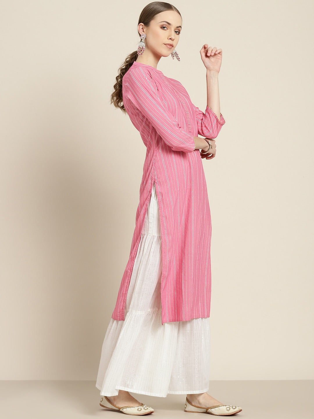 Sangria Women Pink & White Striped Sequin Detail Kurta | Grocsy