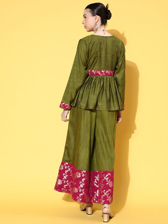 InWeave Women's Olive Pink Brocade Mughal Shaan Kurta Palazzo Set | Grocsy