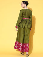 InWeave Women's Olive Pink Brocade Mughal Shaan Kurta Palazzo Set | Grocsy