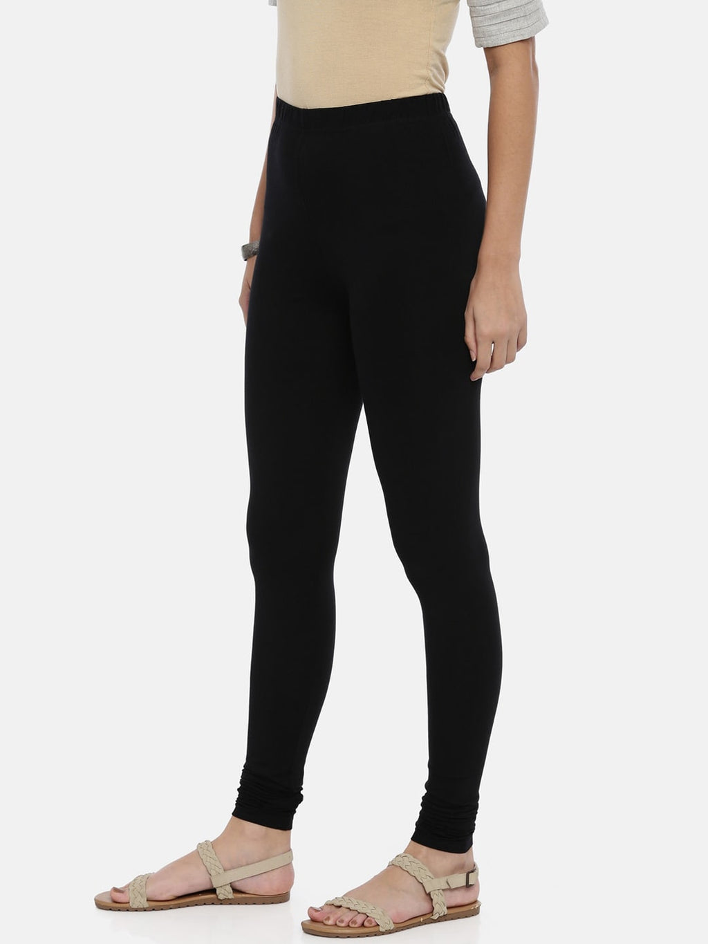 Souchii Black Solid Slim-Fit Churidar-Length Leggings | Grocsy