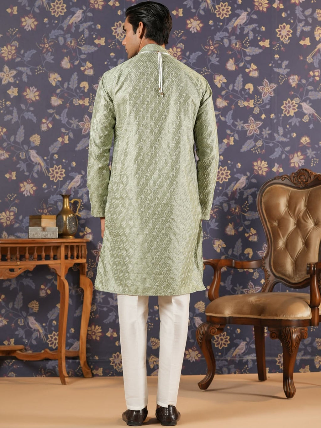 House of Pataudi Ethnic Motifs Embroidered Mandarin Collar Straight Kurta With Trouser | Grocsy