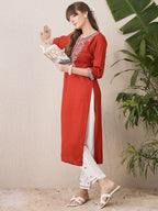 Indo Era Floral Yoke Design Thread Work Cotton Straight Kurta | Grocsy