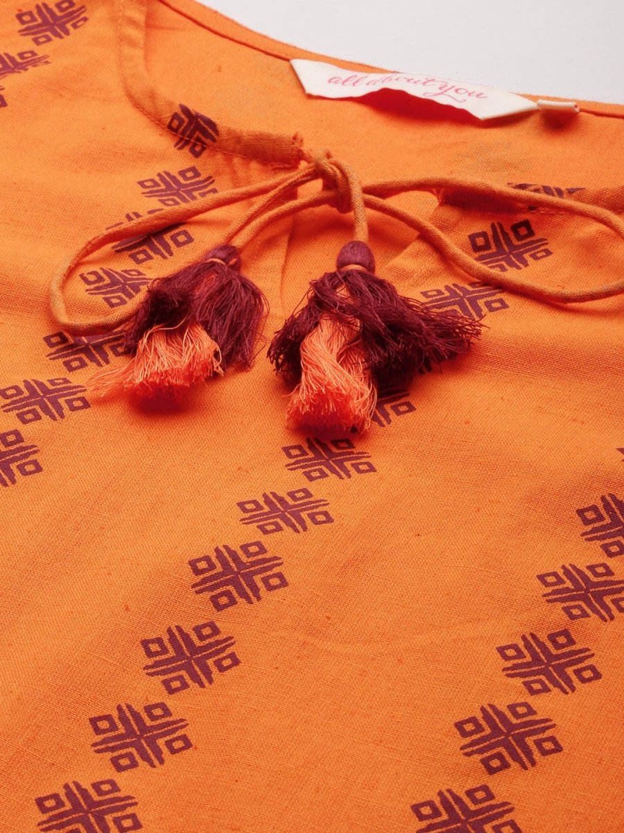 All About You Women Orange Printed Kurta with Maroon Solid Trousers | Grocsy