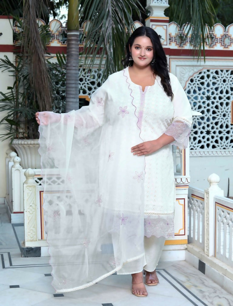 Miravan Women's Plus Size Organza Cotton Chikankari Embroidered With Purple Sequence work Jaipuri Suit Set | Grocsy