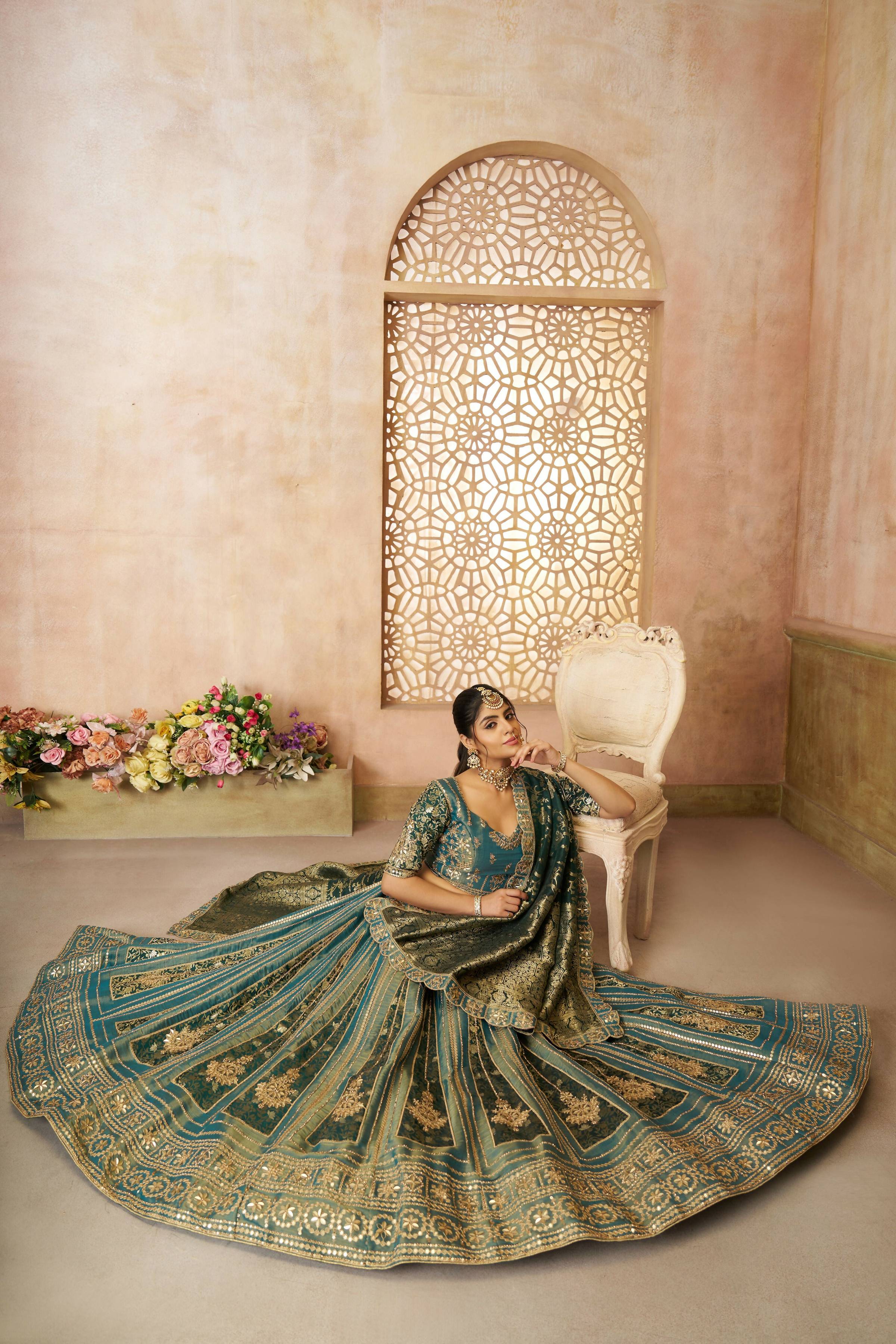 Kesar Fab Green Net Hand_Woven Lehenga | Grocsy