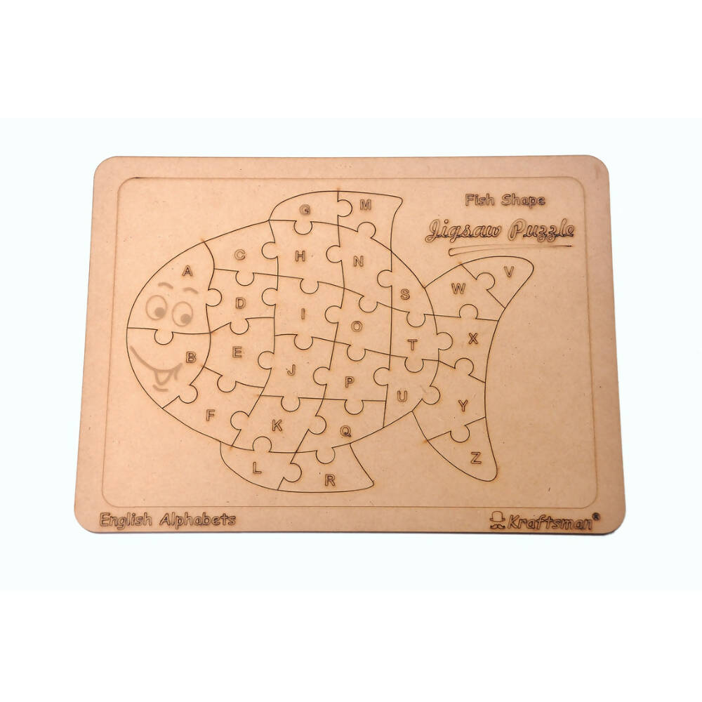 Kraftsman English Alphabets Wooden Jigsaw Puzzles Fish Shape Puzzle | Color Kit Included | Grocsy