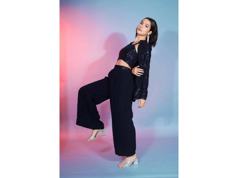 Navy Georgette Sequence With Thread Designer Co-Ord Set - Flory | Grocsy