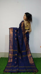 Exclusive Collection Beautiful Navy Blue Cotton Silk Woven Handloom Saree With Running Blouse Piece | Grocsy