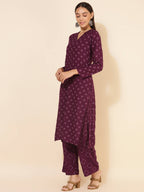 Janasya Women's Wine Rayon Floral Printed Casual Straight Co-ords | Grocsy