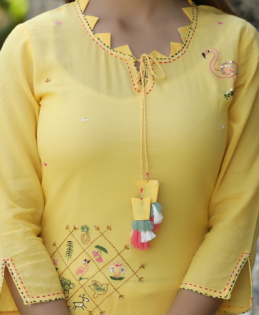 Kaajh Women's Yellow Embroidery Kurta Sharara Set | Grocsy