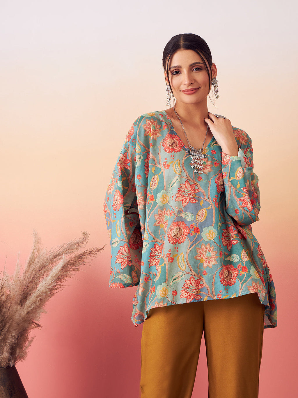InWeave Women's Light Blue Floral Digital Print Kaftan Boho Top | Grocsy