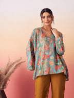 InWeave Women's Light Blue Floral Digital Print Kaftan Boho Top | Grocsy