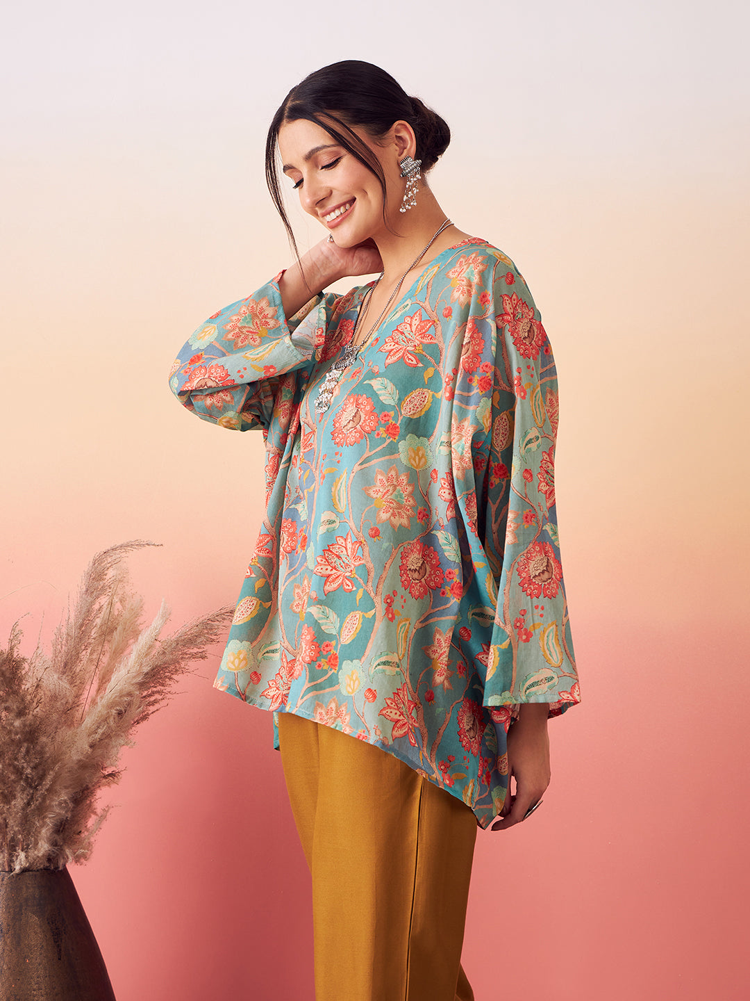 InWeave Women's Light Blue Floral Digital Print Kaftan Boho Top | Grocsy