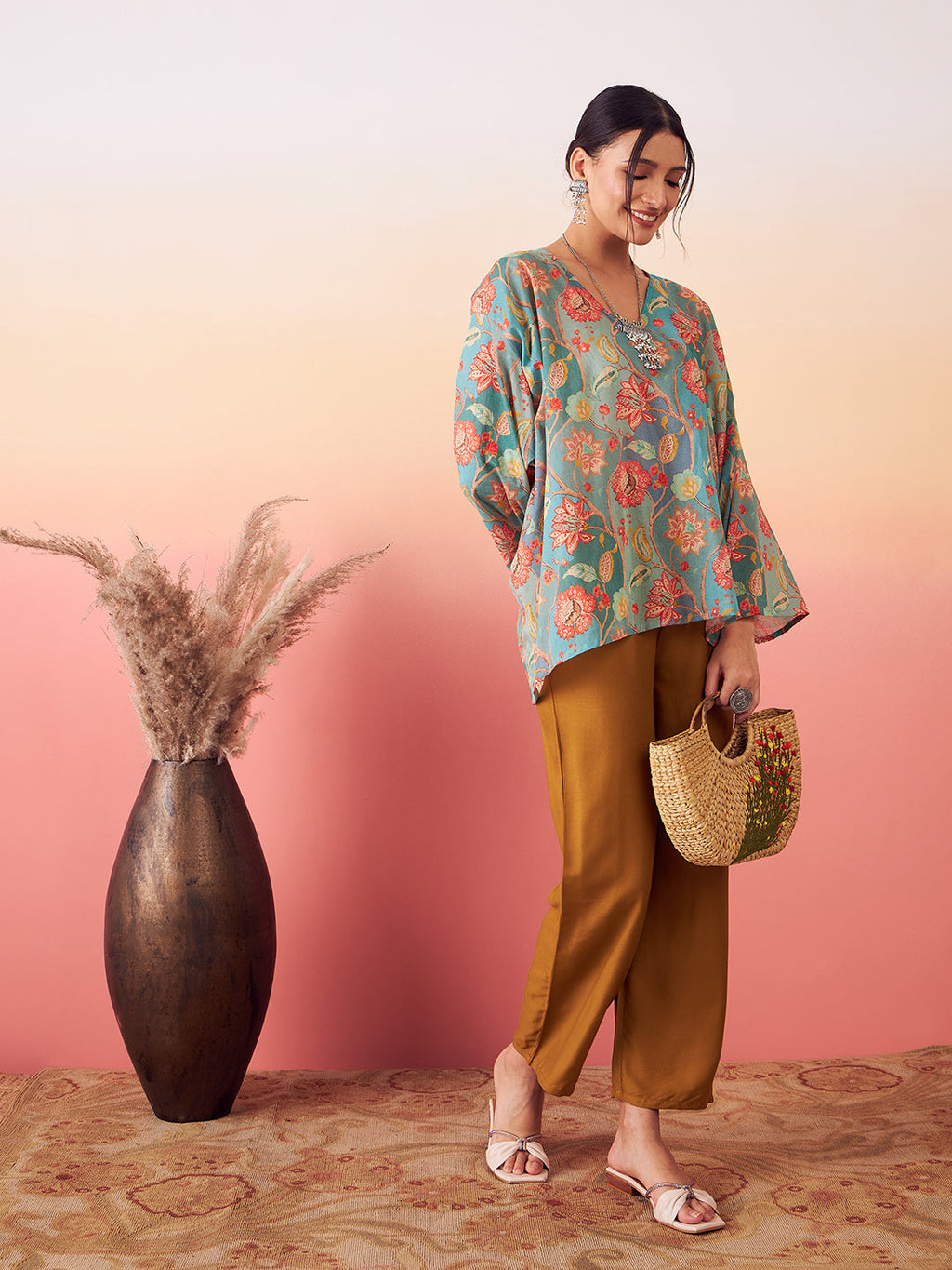 InWeave Women's Light Blue Floral Digital Print Kaftan Boho Top | Grocsy