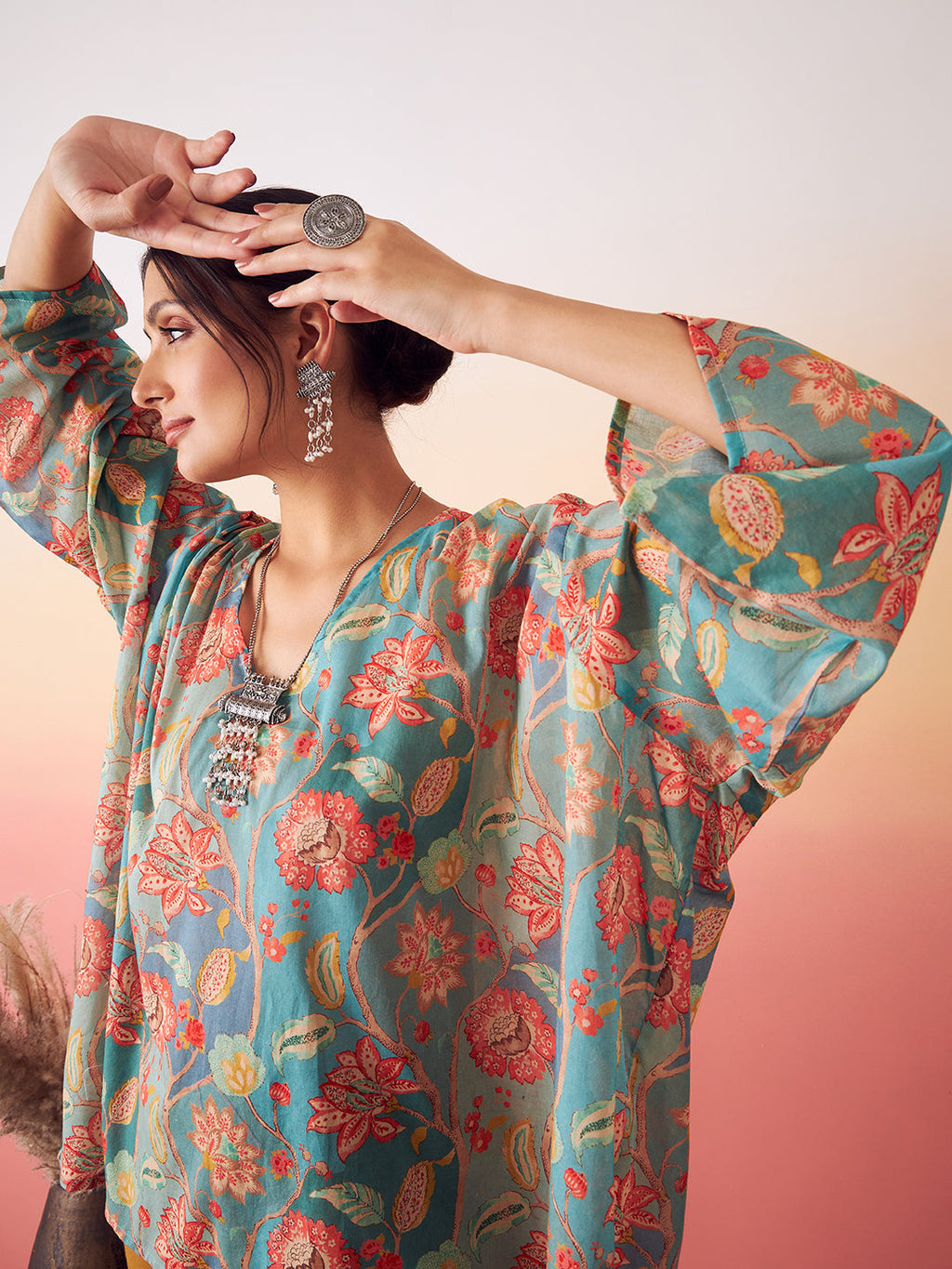 InWeave Women's Light Blue Floral Digital Print Kaftan Boho Top | Grocsy