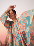 InWeave Women's Light Blue Floral Digital Print Kaftan Boho Top | Grocsy