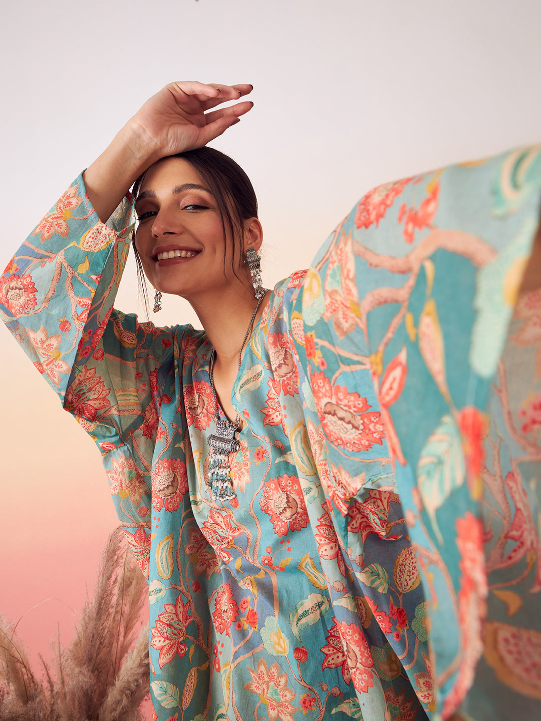 InWeave Women's Light Blue Floral Digital Print Kaftan Boho Top | Grocsy