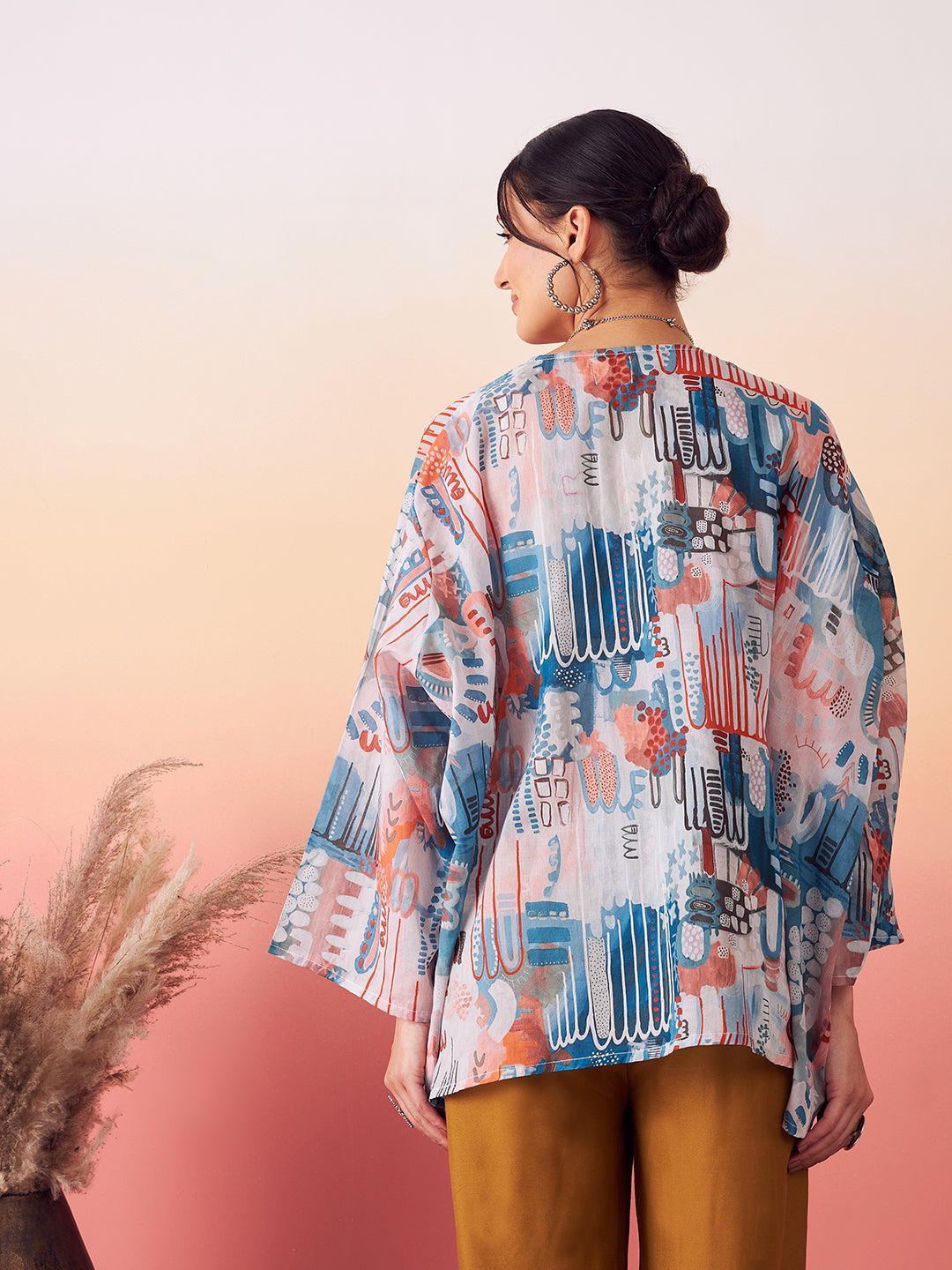 InWeave Women's Powder Blue Digital Print Kaftan Boho Top | Grocsy