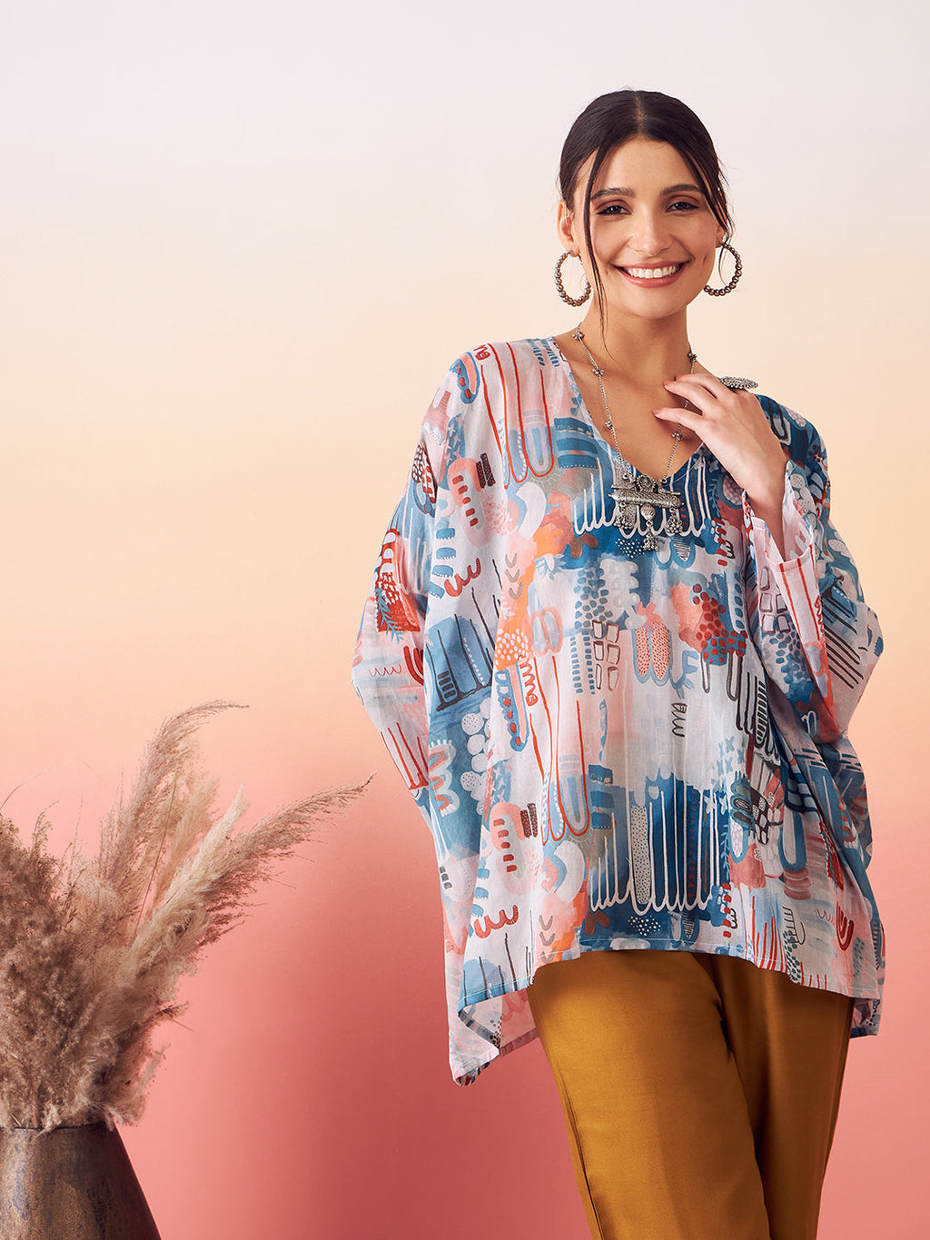 InWeave Women's Powder Blue Digital Print Kaftan Boho Top | Grocsy